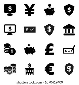 Flat vector icon set - bank vector, piggy, coin stack, check, building, dollar shield, monitor, euro sign, pound, yen