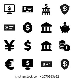 Flat vector icon set - bank vector, piggy, coin stack, check, building, dollar shield, monitor, euro sign, yen