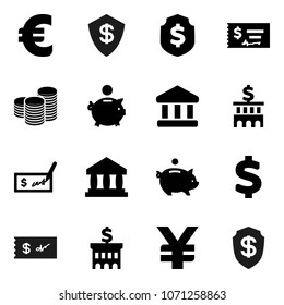 Flat vector icon set - bank vector, piggy, coin stack, check, building, dollar shield, euro sign, yen