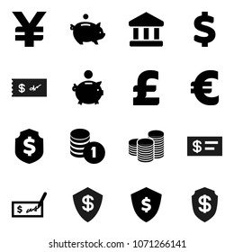 Flat vector icon set - bank vector, piggy, coin stack, check, dollar shield, euro sign, pound, yen