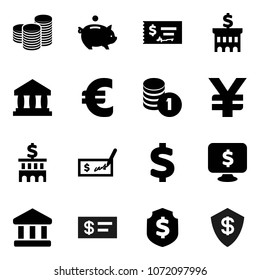 Flat vector icon set - bank vector, piggy, coin stack, check, building, dollar shield, monitor, euro sign, yen
