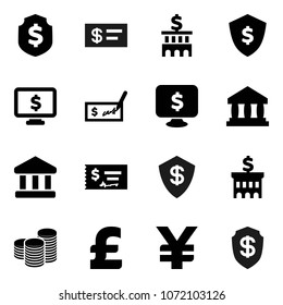 Flat vector icon set - bank vector, coin stack, check, building, dollar shield, monitor, pound, yen sign