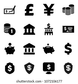 Flat vector icon set - bank vector, piggy, coin stack, check, building, dollar shield, monitor, pound, yen sign