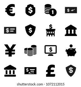 Flat vector icon set - bank vector, piggy, coin stack, check, building, dollar shield, monitor, euro sign, pound, yen