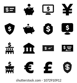 Flat vector icon set - bank vector, piggy, check, building, dollar shield, monitor, euro sign, pound, yen