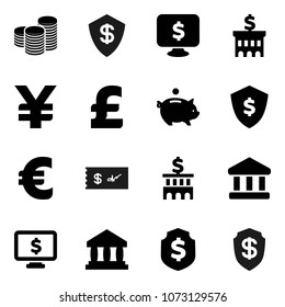 Flat vector icon set - bank vector, piggy, coin stack, building, dollar shield, monitor, euro sign, pound, yen, check