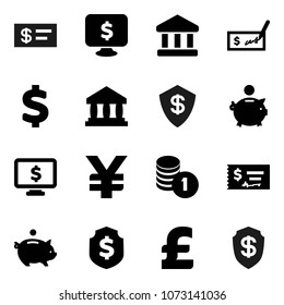 Flat vector icon set - bank vector, piggy, coin stack, check, dollar shield, monitor, pound, yen sign