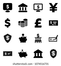 Flat vector icon set - bank vector, piggy, coin stack, check, building, monitor dollar, pound, yen sign, shield