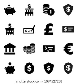 Flat vector icon set - bank vector, piggy, coin stack, check, building, dollar shield, euro sign, pound
