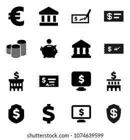 Flat vector icon set - bank vector, piggy, coin stack, check, building, dollar shield, monitor, euro sign