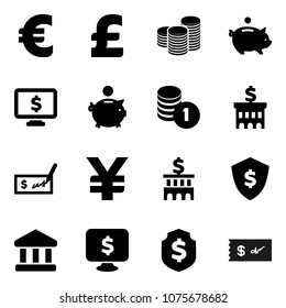 Flat vector icon set - bank vector, piggy, coin stack, check, building, dollar shield, monitor, euro sign, pound, yen