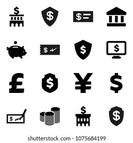Flat vector icon set - bank vector, piggy, coin stack, check, building, dollar shield, monitor, pound, yen sign