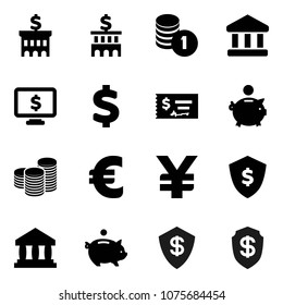 Flat vector icon set - bank vector, piggy, coin stack, check, building, dollar shield, monitor, euro sign, yen
