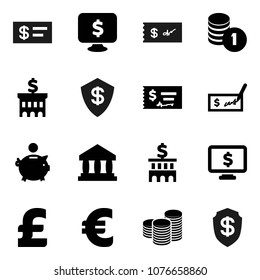 Flat vector icon set - bank vector, piggy, coin stack, check, building, monitor dollar, euro sign, pound, shield