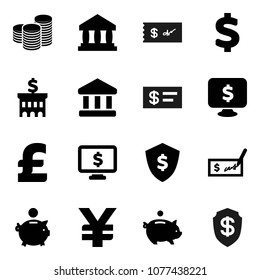 Flat vector icon set - bank vector, piggy, coin stack, check, building, dollar shield, monitor, pound, yen sign