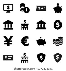 Flat vector icon set - bank vector, piggy, coin stack, building, dollar shield, monitor, euro sign, yen, check