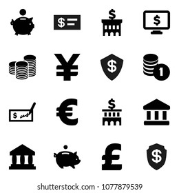 Flat vector icon set - bank vector, piggy, coin stack, check, building, monitor dollar, euro sign, pound, yen, shield