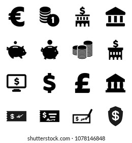 Flat vector icon set - bank vector, piggy, coin stack, check, building, monitor dollar, euro sign, pound, shield