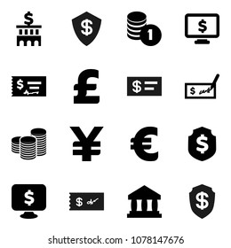 Flat vector icon set - bank vector, coin stack, check, building, dollar shield, monitor, euro sign, pound, yen