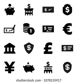 Flat vector icon set - bank vector, piggy, coin stack, check, building, dollar shield, euro sign, pound, yen