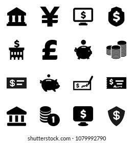 Flat vector icon set - bank vector, piggy, coin stack, check, building, dollar shield, monitor, pound, yen sign