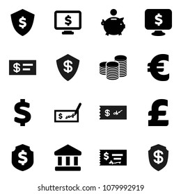 Flat vector icon set - bank vector, piggy, coin stack, check, dollar shield, monitor, euro sign, pound