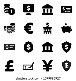 Flat vector icon set - bank vector, piggy, coin stack, check, building, dollar shield, monitor, euro sign, pound, yen