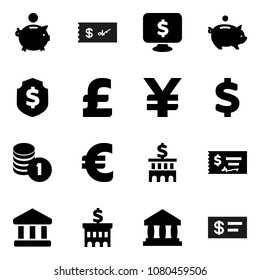 Flat vector icon set - bank vector, piggy, coin stack, check, building, dollar shield, monitor, euro sign, pound, yen