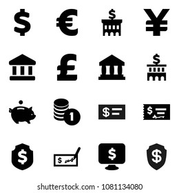 Flat vector icon set - bank vector, piggy, coin stack, check, building, dollar shield, monitor, euro sign, pound, yen