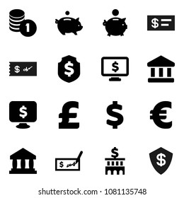 Flat vector icon set - bank vector, piggy, coin stack, check, building, dollar shield, monitor, euro sign, pound