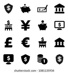 Flat vector icon set - bank vector, piggy, coin stack, check, building, dollar shield, monitor, euro sign, pound, yen