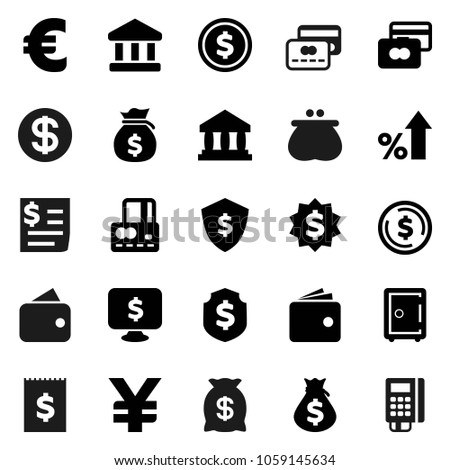 Flat vector icon set - bank vector, dollar coin, credit card, wallet, percent growth, money bag, medal, shield, safe, monitor, euro sign, yen, receipt, reader