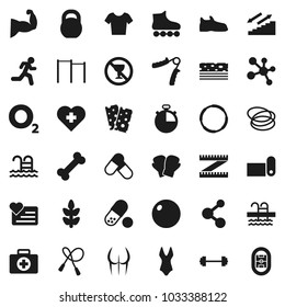 Flat vector icon set - barbell vector, measuring, stopwatch, weight, jump rope, hand trainer, horizontal bar, fitball, muscule, buttocks, snickers, boxing glove, swimsuite, t shirt, roller Skates