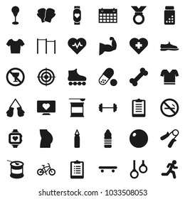 Flat vector icon set - barbell vector, heart pulse, clipboard, pills vial, bike, hand trainer, horizontal bar, punching bag, fitball, muscule, buttocks, snickers, boxing glove, t shirt, skateboard