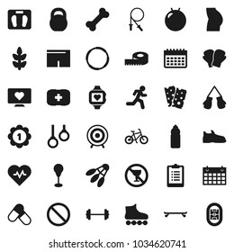 Flat vector icon set - barbell vector, measuring, scales, heart pulse, clipboard, bike, weight, jump rope, punching bag, fitball, buttocks, snickers, boxing glove, shorts, roller Skates, skateboard