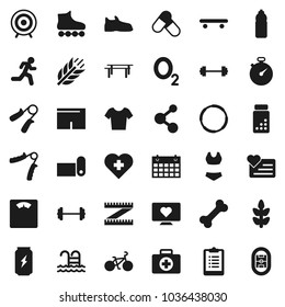 Flat vector icon set - barbell vector, measuring, scales, stopwatch, clipboard, pills vial, bike, hand trainer, horizontal bar, snickers, shorts, swimsuite, t shirt, roller Skates, skateboard, pool
