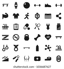 Flat vector icon set - barbell vector, measuring, heart pulse, clipboard, pills vial, weight, jump rope, hand trainer, horizontal bar, fitball, muscule, buttocks, snickers, swimsuite, t shirt, medal