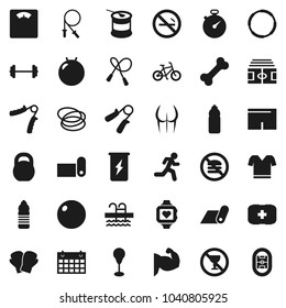 Flat vector icon set - barbell vector, scales, stadium, stopwatch, bike, weight, jump rope, hand trainer, punching bag, fitball, muscule, buttocks, boxing glove, shorts, t shirt, sports nutrition