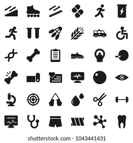 Flat vector icon set - barbell vector, clipboard, fitball, snickers, boxing glove, shorts, roller Skates, target, enegry drink, molecule, stairways run, fitness mat, cereals, shuttlecock, bone, vial