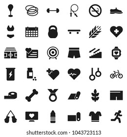 Flat vector icon set - barbell vector, measuring, heart pulse, stadium, pills vial, bike, weight, jump rope, punching bag, snickers, boxing glove, shorts, swimsuite, t shirt, skateboard, target