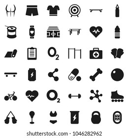 Flat vector icon set - barbell vector, heart pulse, stadium, clipboard, bike, weight, horizontal bar, punching bag, fitball, buttocks, boxing glove, shorts, swimsuite, t shirt, roller Skates, target