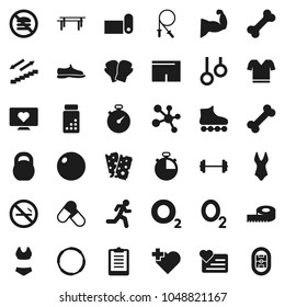 Flat vector icon set - barbell vector, measuring, stopwatch, clipboard, pills vial, weight, jump rope, horizontal bar, fitball, muscule hand, snickers, boxing glove, shorts, swimsuite, t shirt, bone