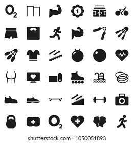 Flat vector icon set - barbell vector, scales, heart pulse, stadium, bike, weight, hand trainer, horizontal bar, fitball, muscule, buttocks, snickers, boxing glove, shorts, t shirt, roller Skates