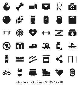 Flat vector icon set - barbell vector, measuring, scales, stadium, stopwatch, pills vial, bike, weight, jump rope, horizontal bar, fitball, shorts, swimsuite, roller Skates, target, sports nutrition