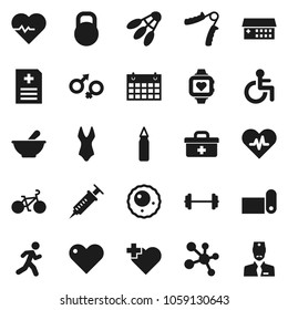 Flat vector icon set - barbell vector, heart pulse, bike, hand trainer, punching bag, swimsuite, molecule, monitor, calendar, fitness mat, shuttlecock, cross, run, weight, doctor, disabled, syringe