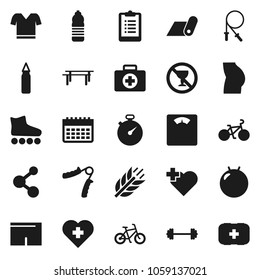 Flat vector icon set - barbell vector, scales, stopwatch, clipboard, bike, jump rope, hand trainer, horizontal bar, punching bag, fitball, buttocks, shorts, t shirt, roller Skates, molecule, cereals