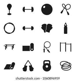 Flat vector icon set - barbell vector, weight, jump rope, horizontal bar, punching bag, fitball, boxing glove, fitness mat, hoop