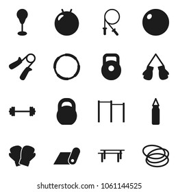 Flat vector icon set - barbell vector, weight, jump rope, hand trainer, horizontal bar, punching bag, fitball, boxing glove, fitness mat, hoop