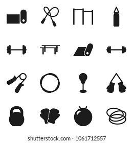 Flat vector icon set - barbell vector, weight, jump rope, hand trainer, horizontal bar, punching bag, fitball, boxing glove, fitness mat, hoop