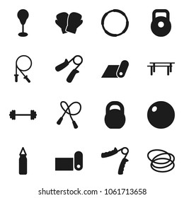 Flat vector icon set - barbell vector, weight, jump rope, hand trainer, horizontal bar, punching bag, fitball, boxing glove, fitness mat, hoop